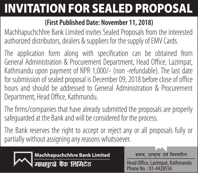 Invitation for Sealed Proposal for supply of EMV Cards
